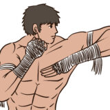 ムエタイで肘打ちする男性
